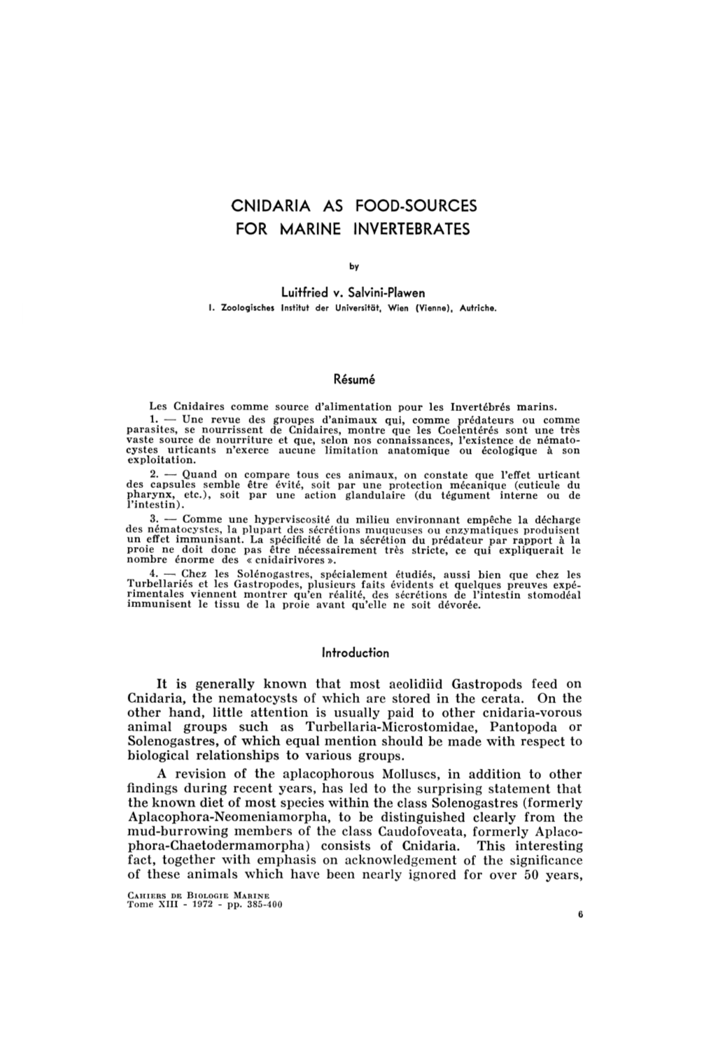 Cuidaria As Food-Sources for Marine Invertebrates