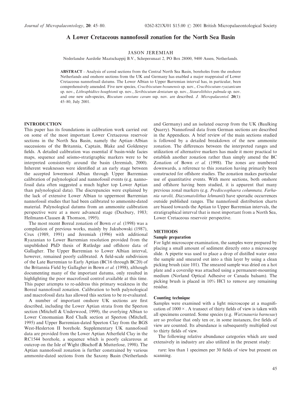 A Lower Cretaceous Nannofossil Zonation for the North Sea Basin