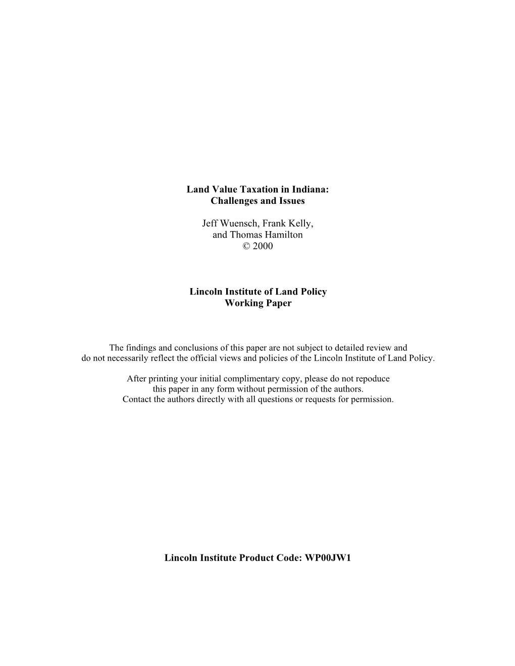 Land Value Taxation in Indiana: Challenges and Issues