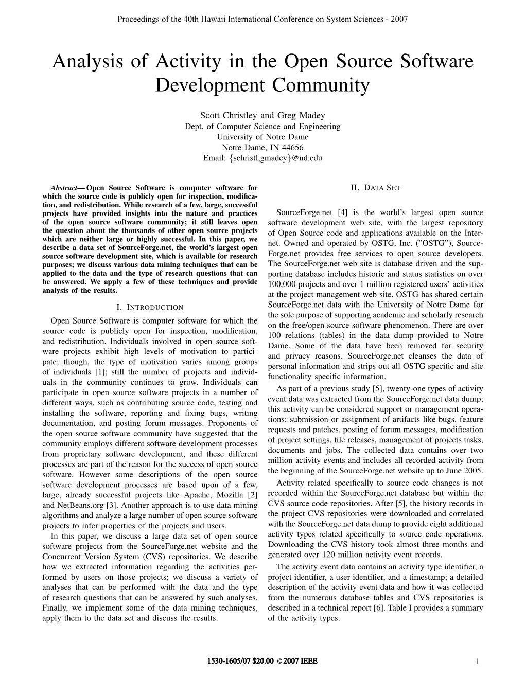 Analysis of Activity in the Open Source Software Development Community
