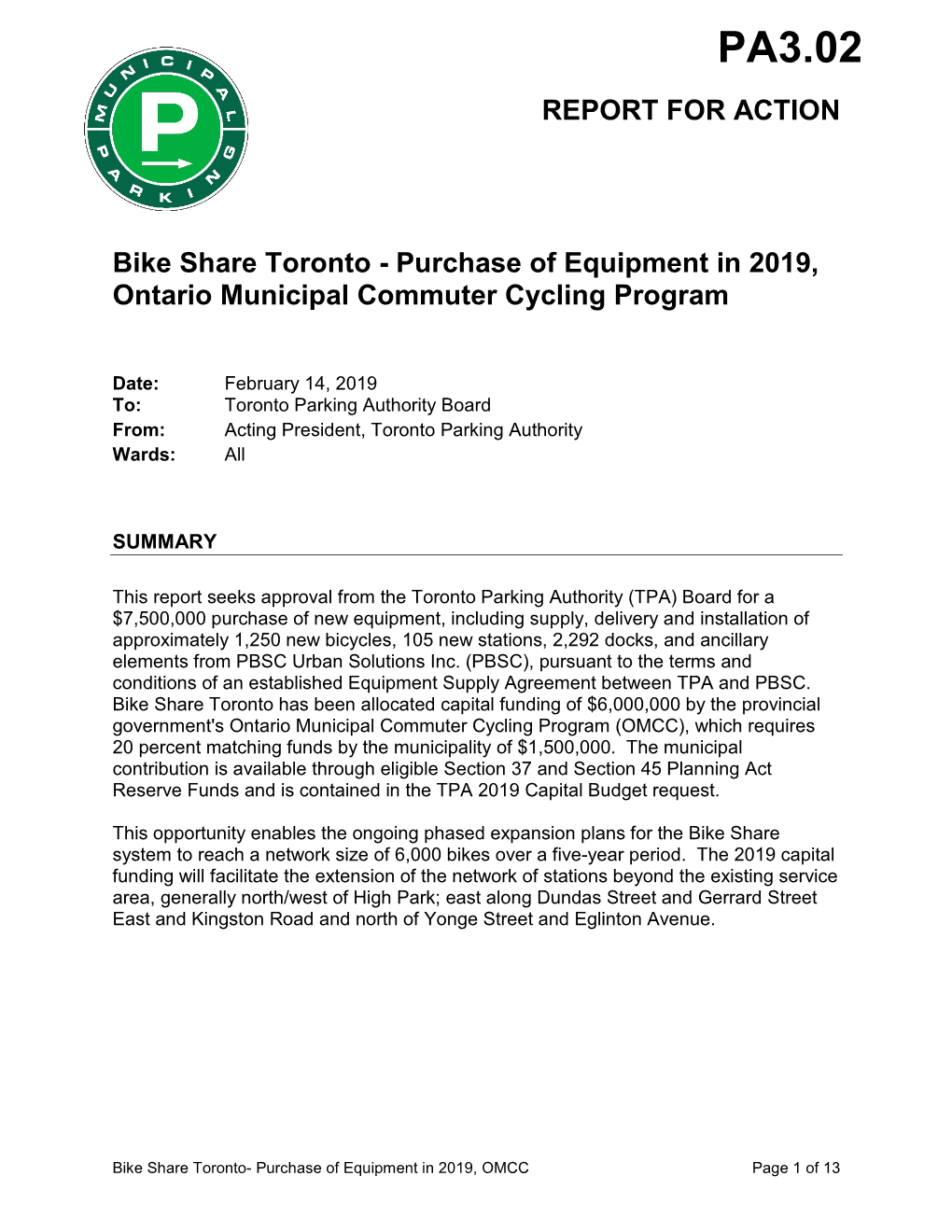 Bike Share Toronto - Purchase of Equipment in 2019, Ontario Municipal Commuter Cycling Program