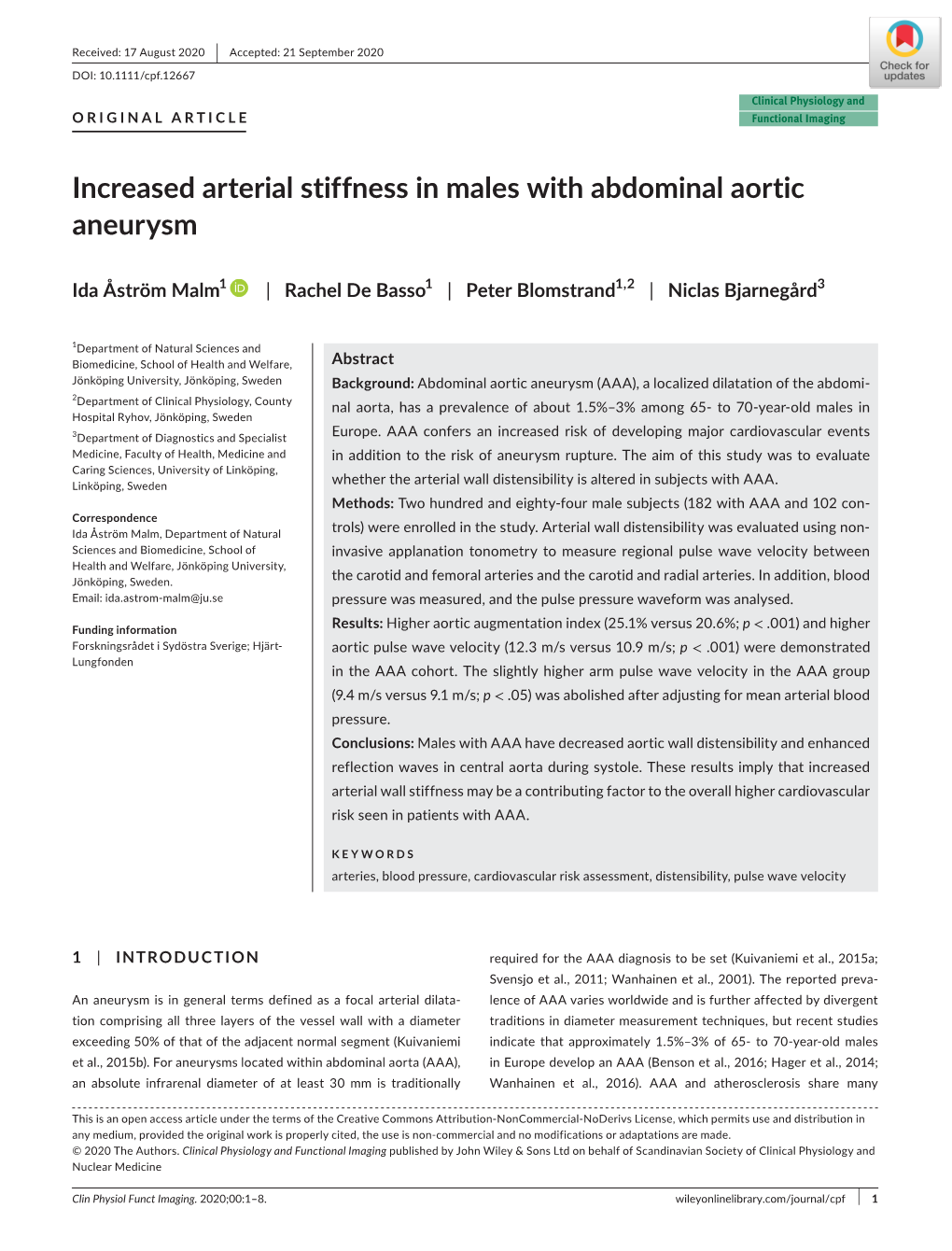 Increased Arterial Stiffness in Males with Abdominal Aortic Aneurysm