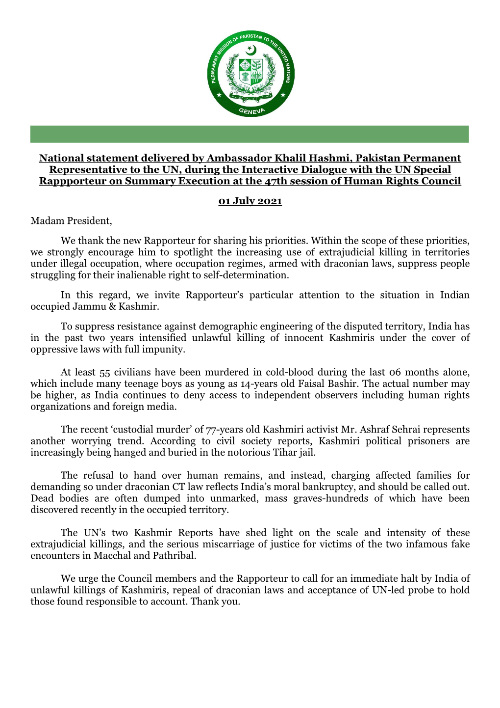 National Statement Delivered by Ambassador Khalil Hashmi