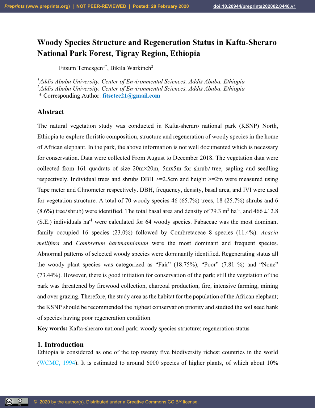 Woody Species Structure and Regeneration Status in Kafta-Sheraro National Park Forest, Tigray Region, Ethiopia