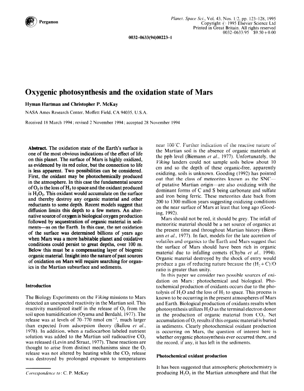 Oxygenic Photosynthesis and the Oxidation State of Mars