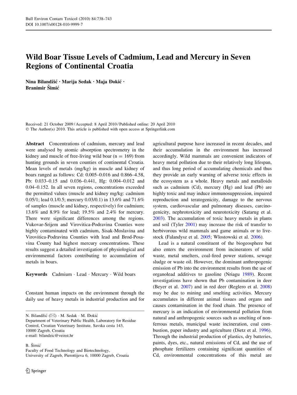 Wild Boar Tissue Levels of Cadmium, Lead and Mercury in Seven Regions of Continental Croatia