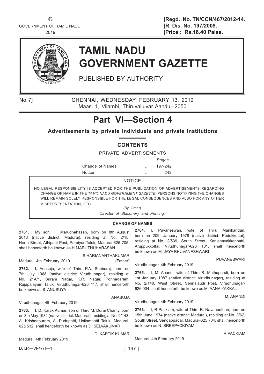 Tamil Nadu Government Gazette Published by Authority