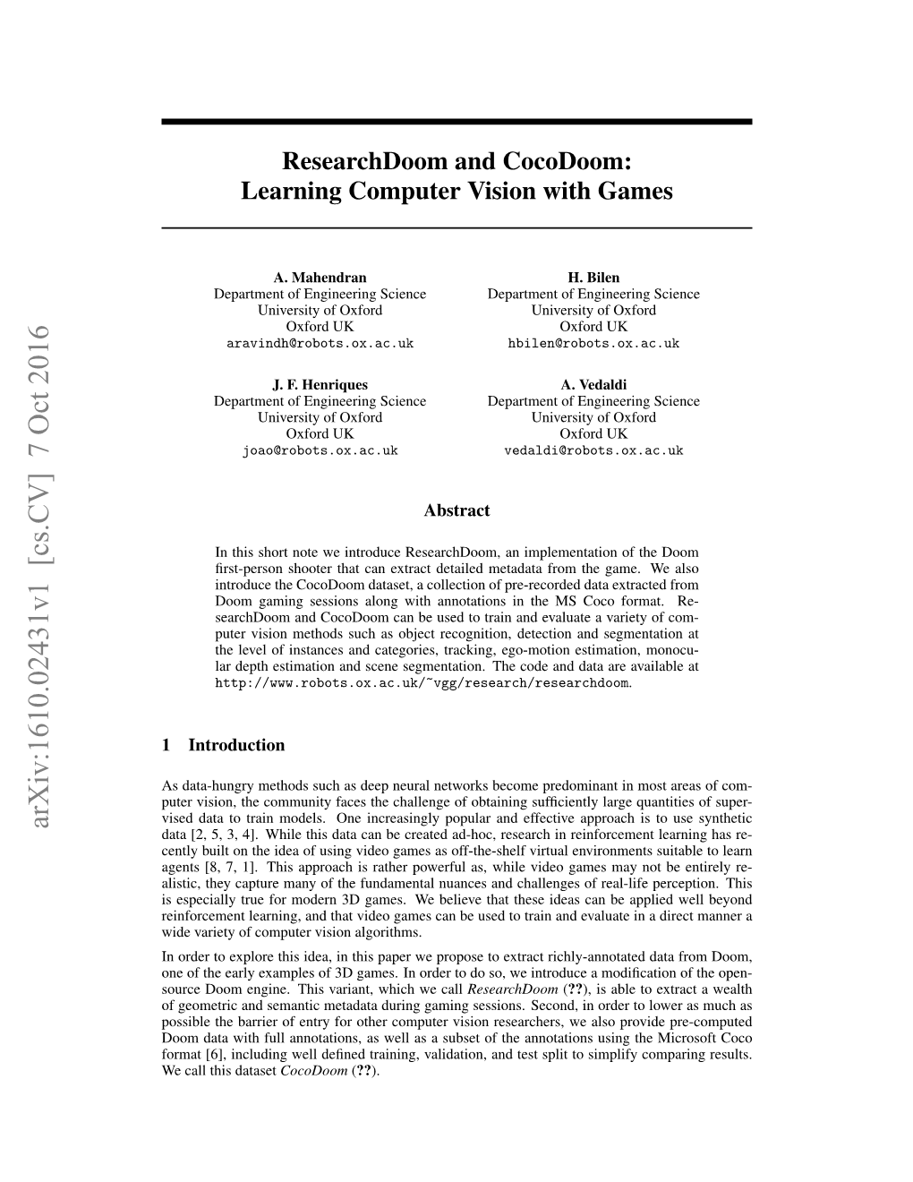 Researchdoom and Cocodoom: Learning Computer Vision with Games