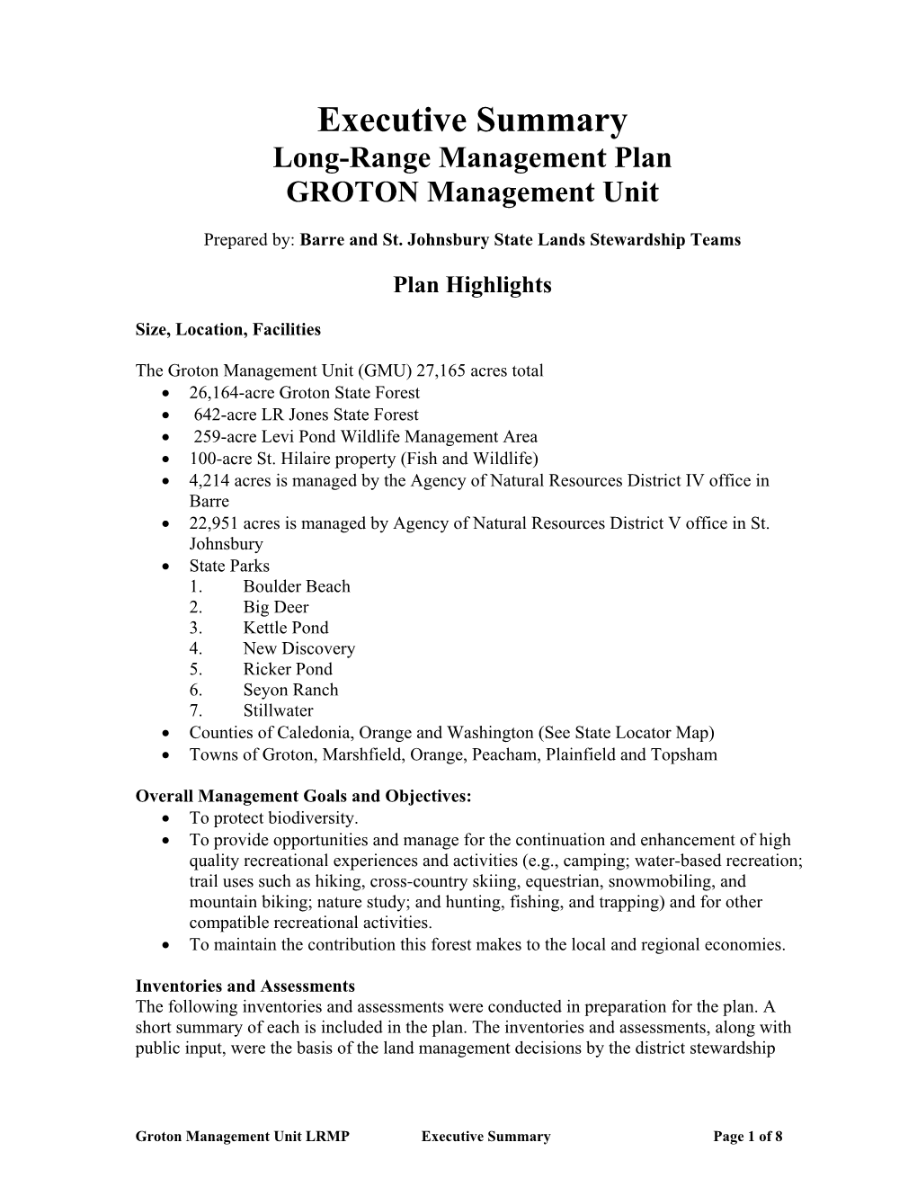 Executive Summary Long-Range Management Plan GROTON Management Unit