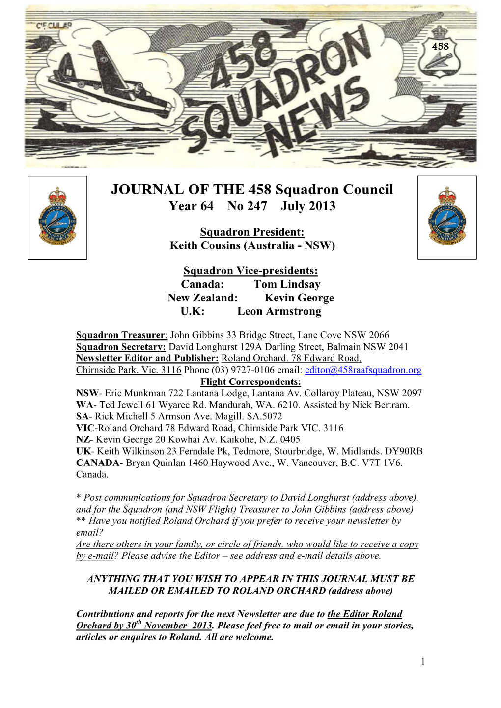 JOURNAL of the 458 Squadron Council Year 64 No 247 July 2013