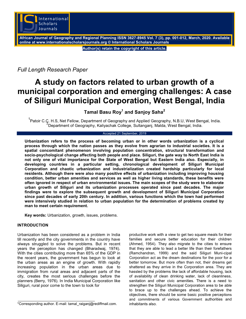 A Study on Factors Related to Urban Growth of a Municipal Corporation and Emerging Challenges: a Case of Siliguri Municipal Corporation, West Bengal, India