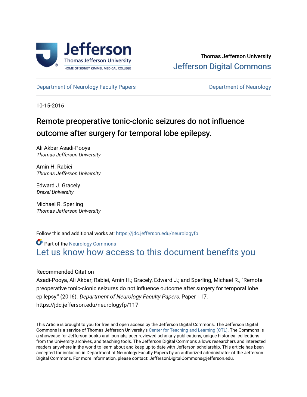 Remote Preoperative Tonic-Clonic Seizures Do Not Influence Outcome After Surgery for Temporal Lobe Epilepsy