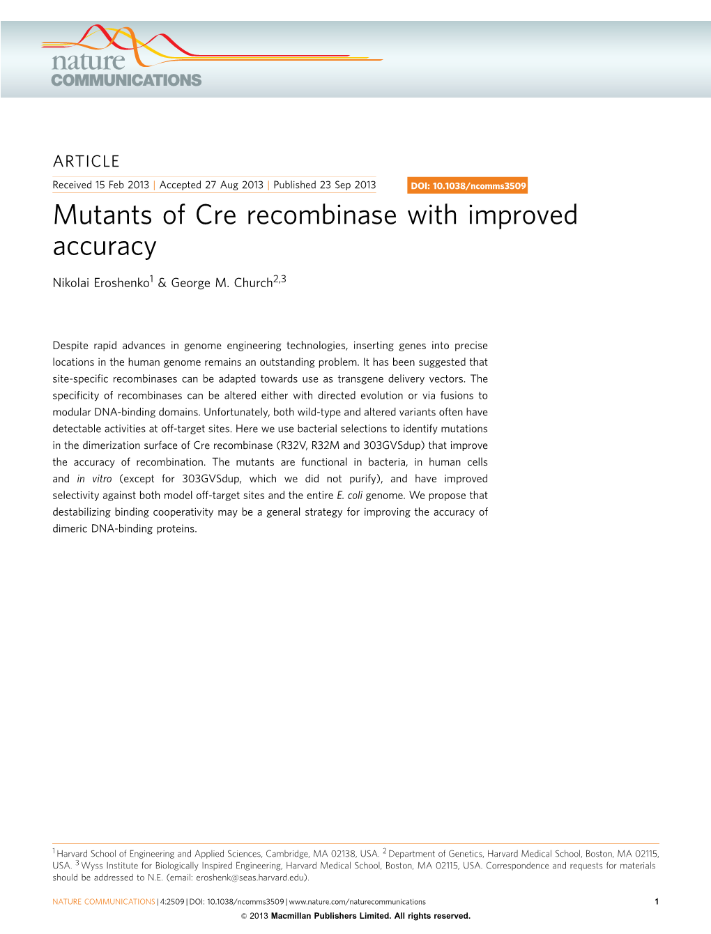 Mutants of Cre Recombinase with Improved Accuracy