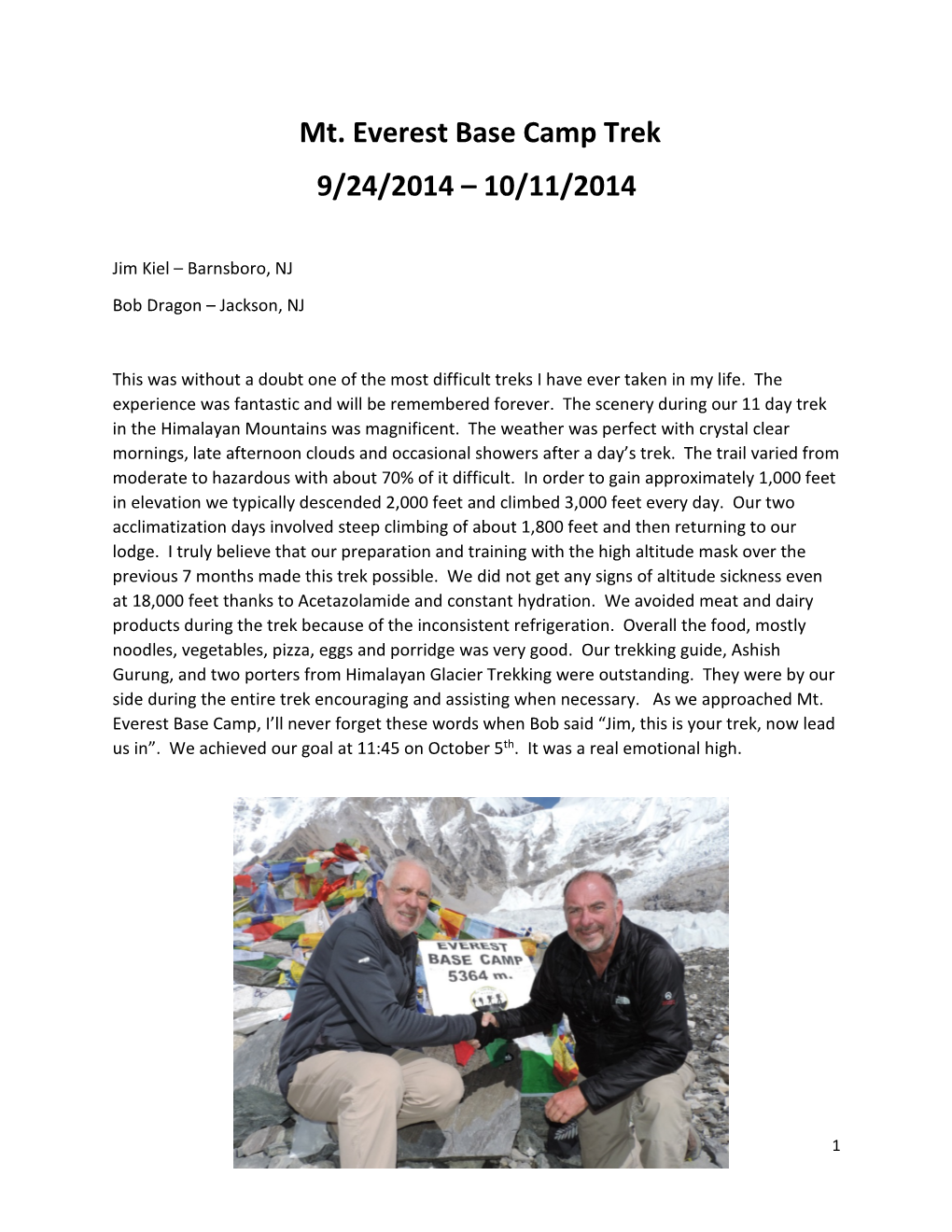 Mt. Everest Base Camp Trek 9/24/2014 – 10/11/2014