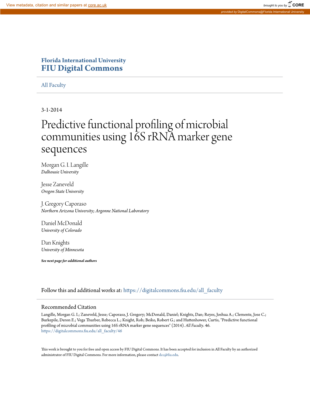 Predictive Functional Profiling of Microbial Communities Using 16S Rrna Marker Gene Sequences Morgan G