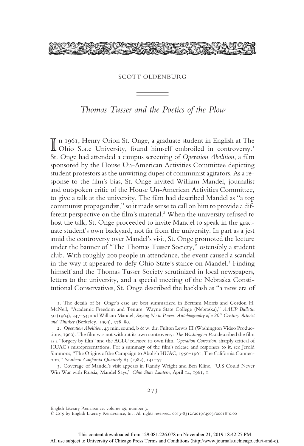 In 1961, Henry Orion St. Onge, a Graduate Student in English At