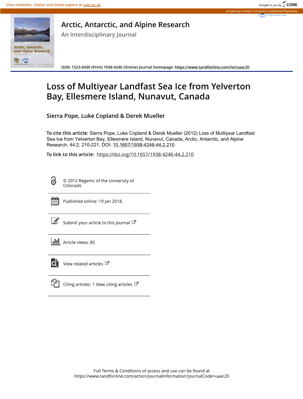 Loss of Multiyear Landfast Sea Ice from Yelverton Bay, Ellesmere Island, Nunavut, Canada