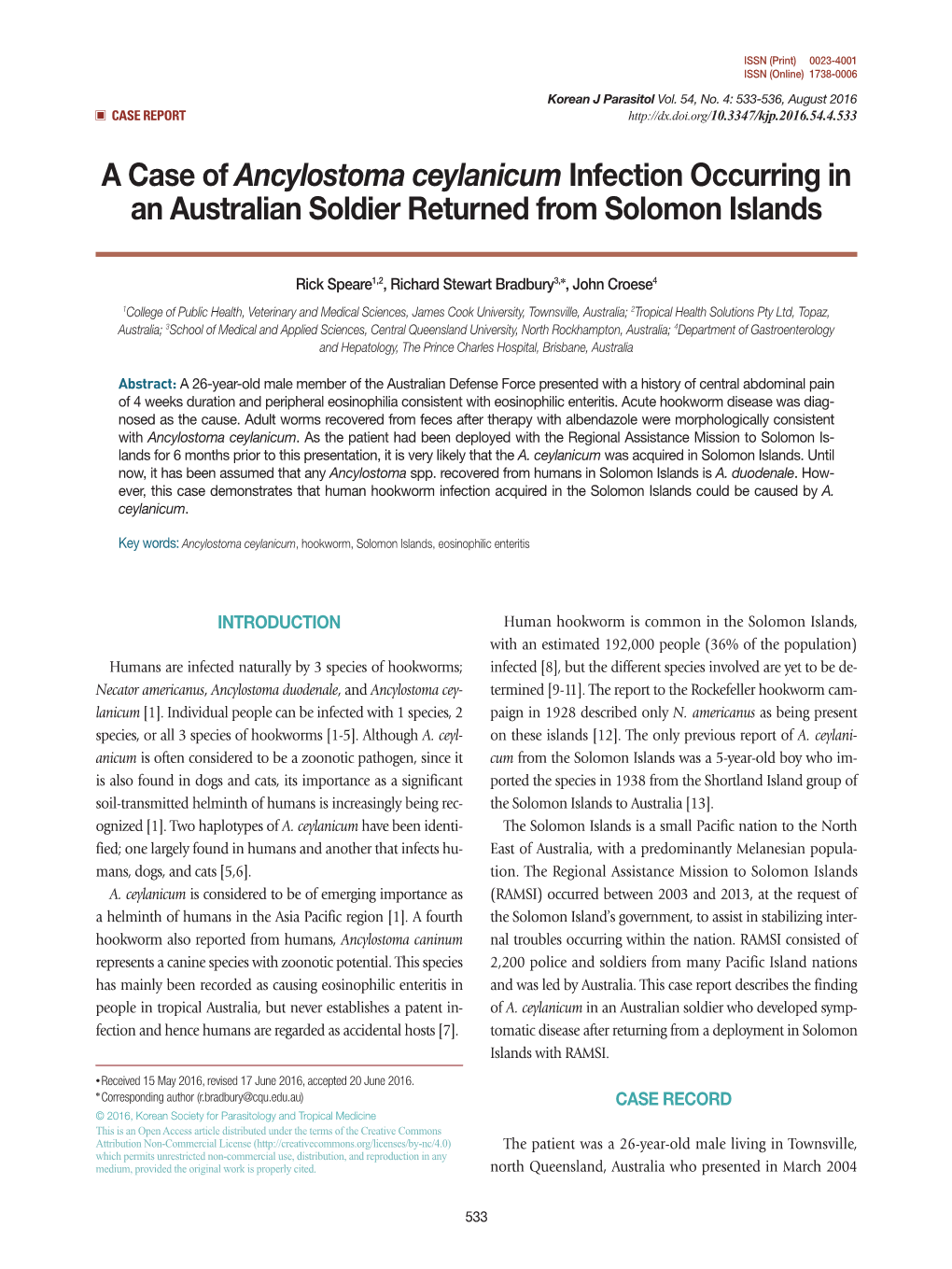 A Case of Ancylostoma Ceylanicum Infection Occurring in an Australian Soldier Returned from Solomon Islands