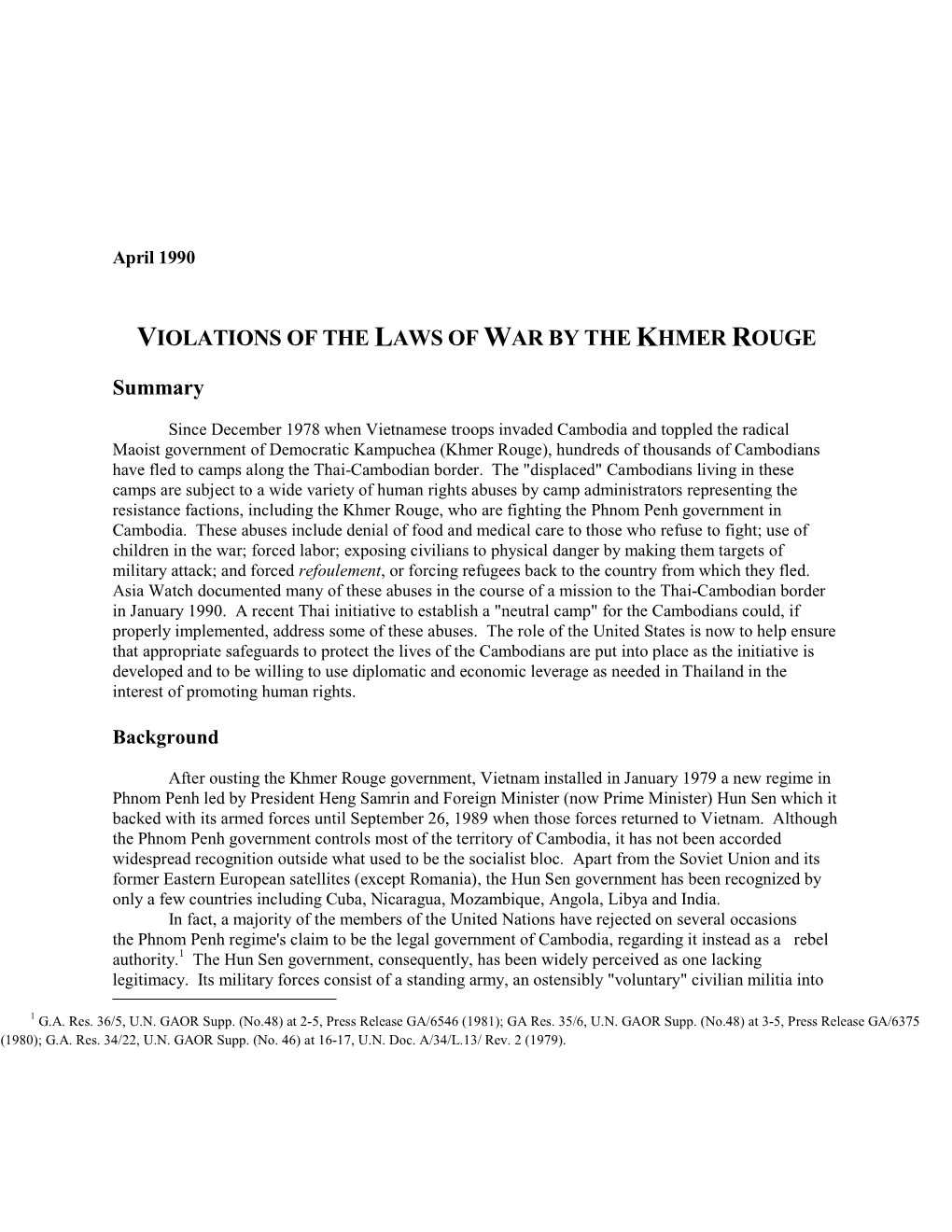 VIOLATIONS of the LAWS of WAR by the KHMER ROUGE Summary