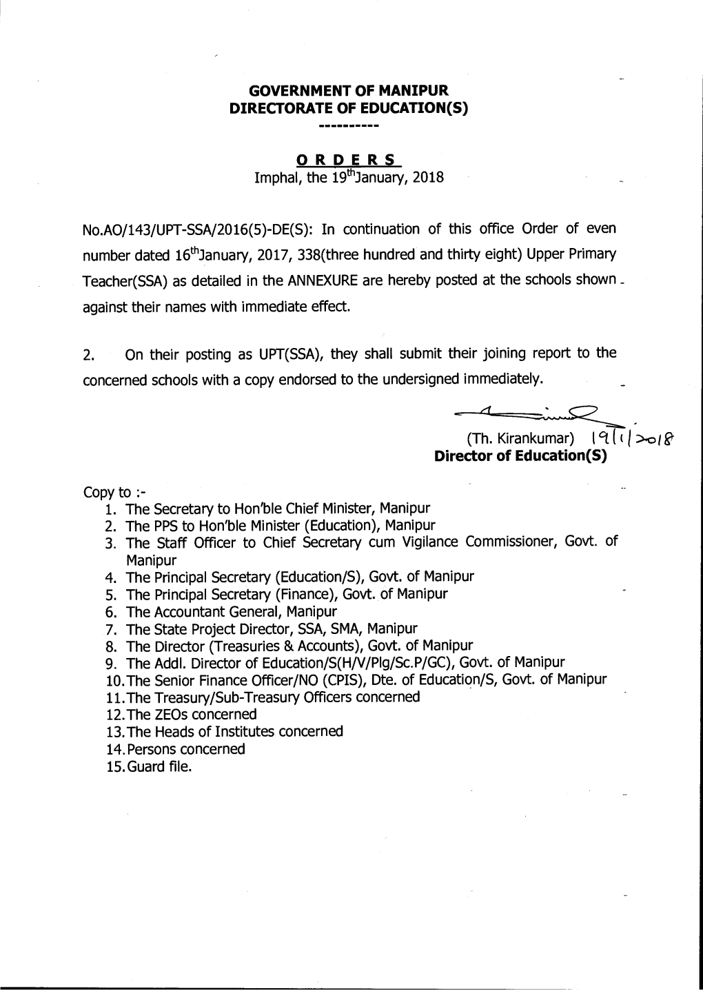 ORDERS Imphal, the 19Th January, 2018