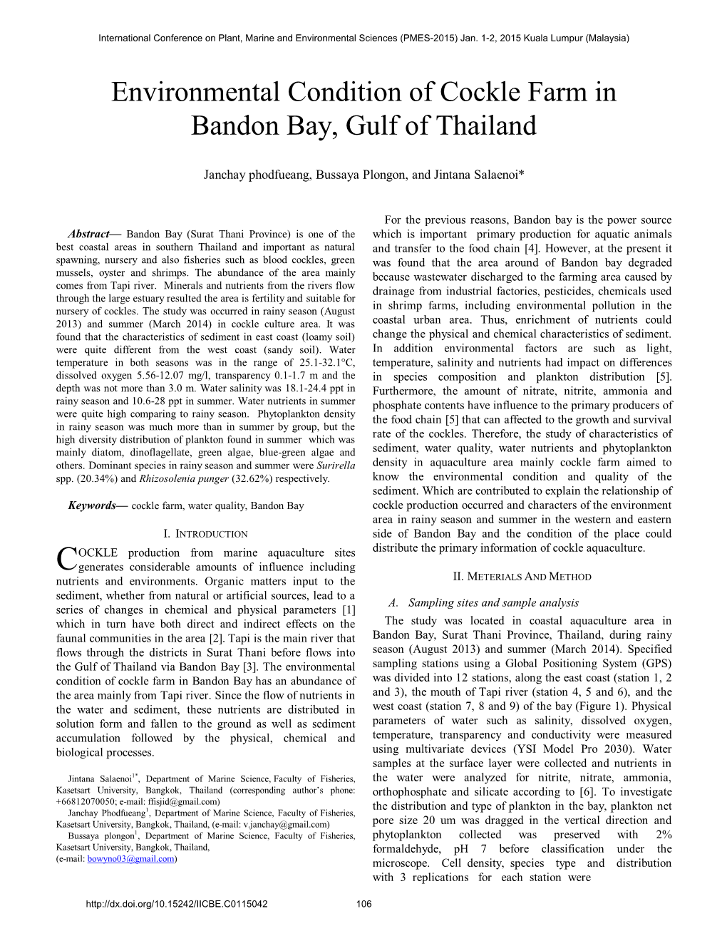 Environmental Condition of Cockle Farm in Bandon Bay, Gulf of Thailand