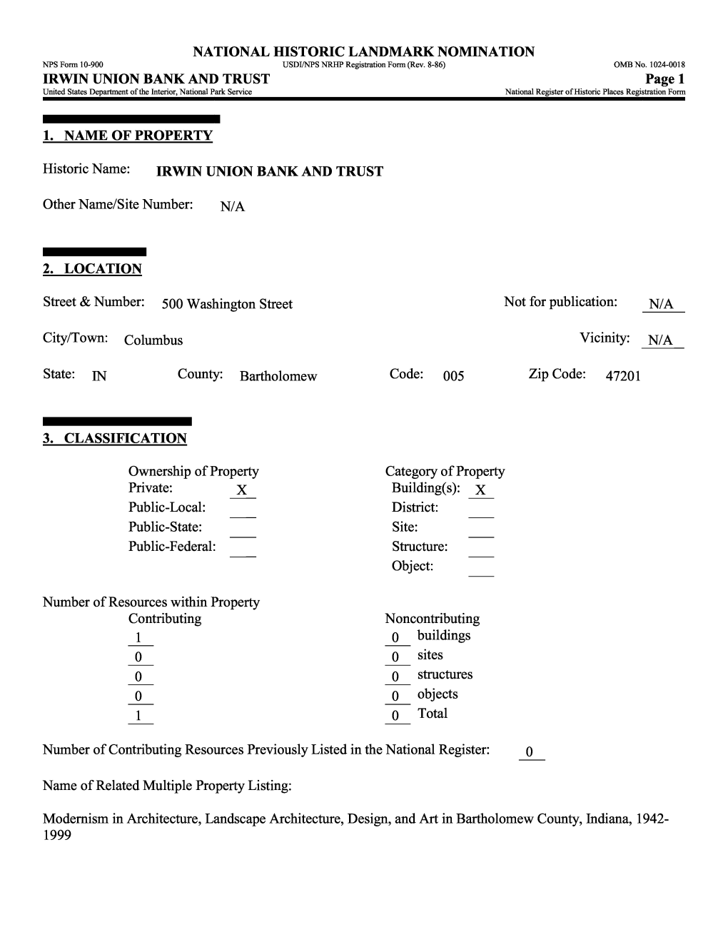 IRWIN UNION BANK and TRUST Page 1 United States Department of the Interior, National Park Service______National Register of Historic Places Registration Form