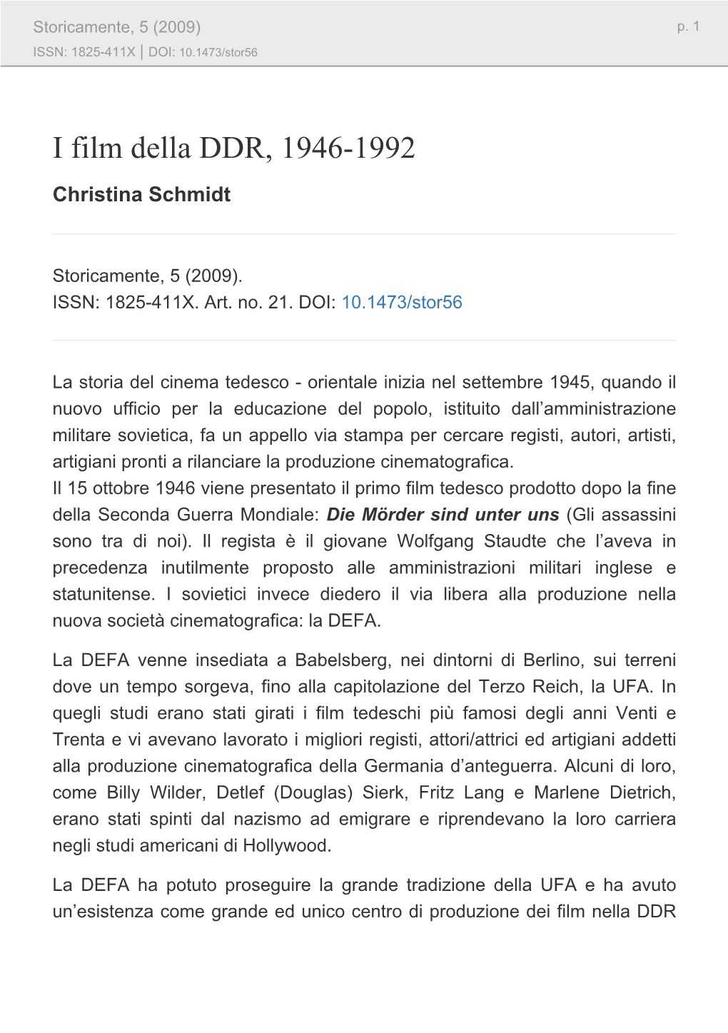 I Film Della DDR, 1946-1992 Christina Schmidt