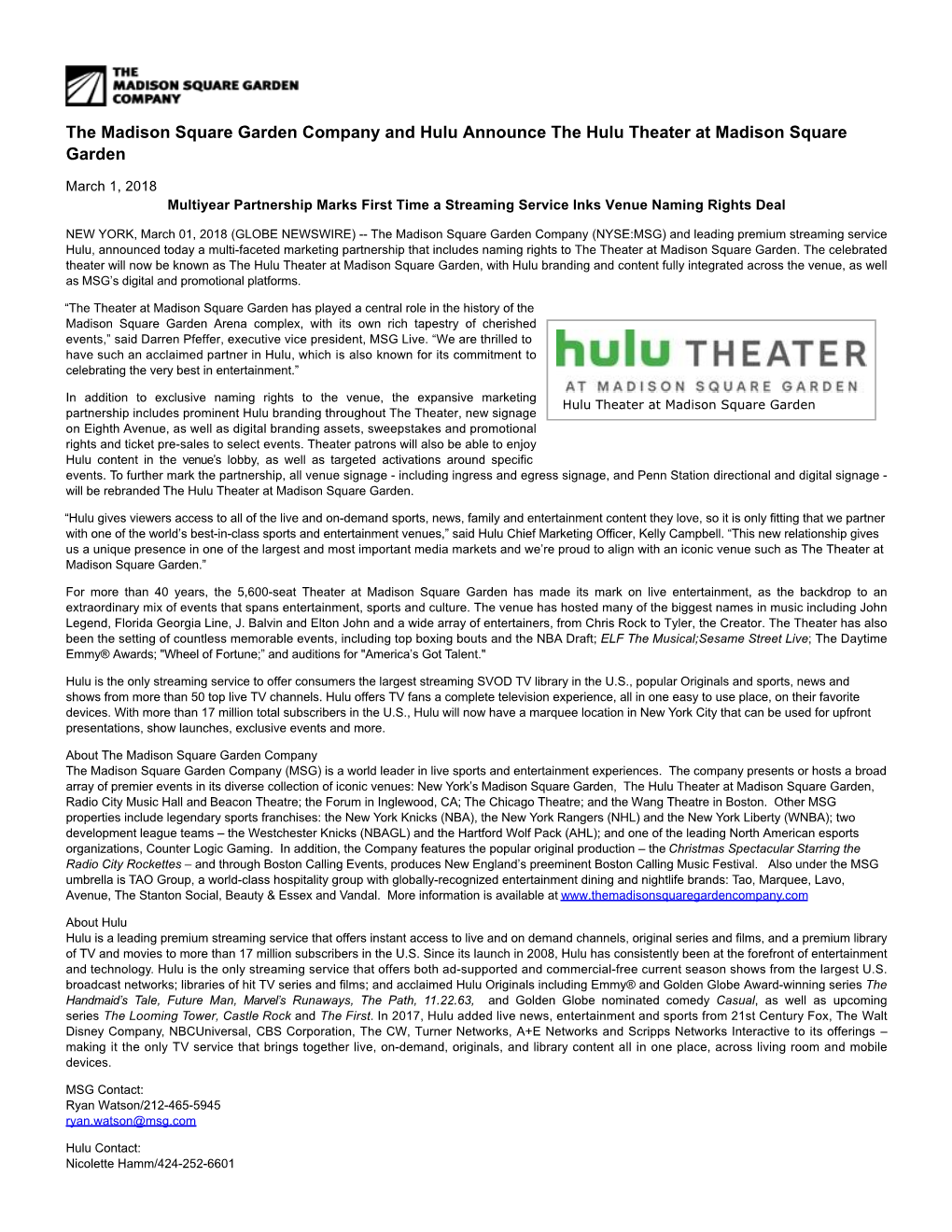 The Madison Square Garden Company and Hulu Announce the Hulu Theater at Madison Square Garden