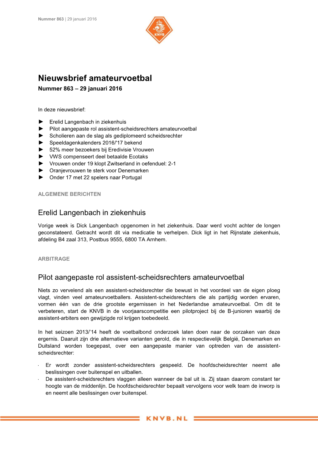 Nieuwsbrief Amateurvoetbal Nummer 863 – 29 Januari 2016