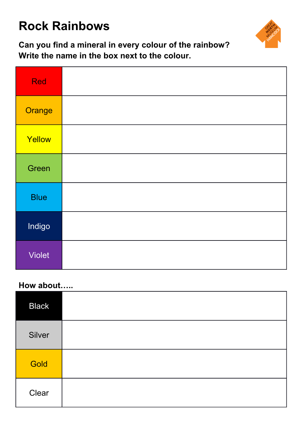 Can You Find a Mineral in Every Colour of the Rainbow? Write the Name in the Box Next