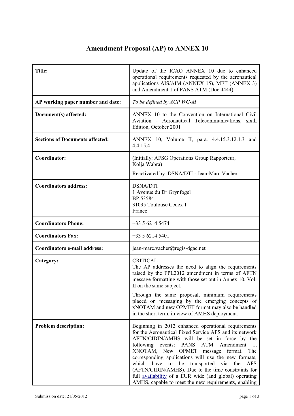 Amendment Proposal for Annex 10