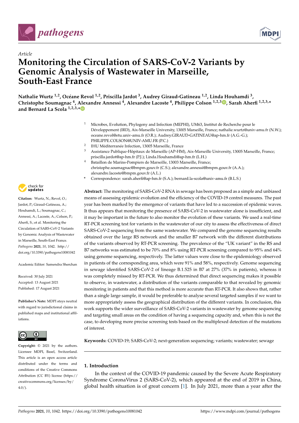 Monitoring the Circulation of SARS-Cov-2 Variants by Genomic Analysis of Wastewater in Marseille, South-East France
