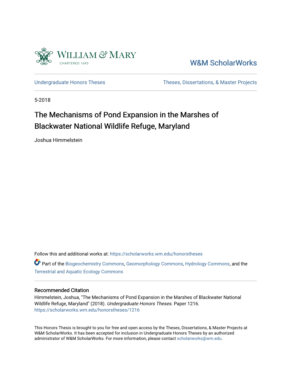 The Mechanisms of Pond Expansion in the Marshes of Blackwater National Wildlife Refuge, Maryland