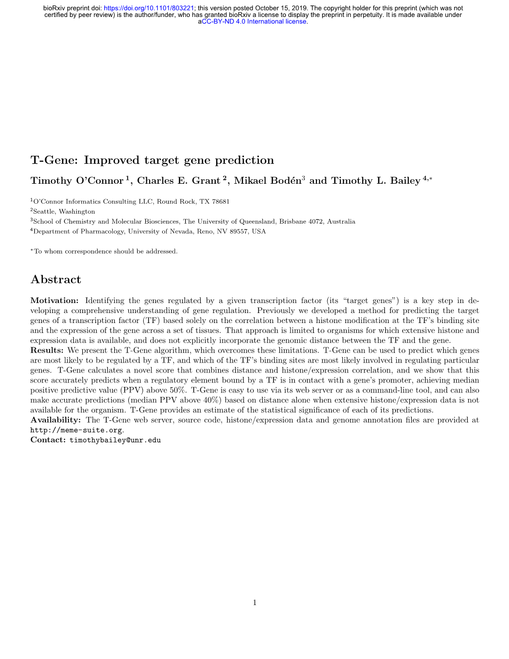 T-Gene: Improved Target Gene Prediction Timothy O’Connor 1, Charles E