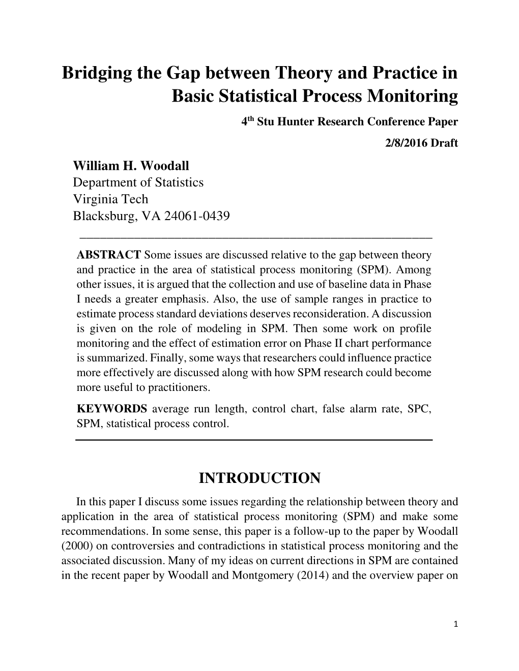 Bridging the Gap Between Theory and Practice in Basic Statistical Process Monitoring 4Th Stu Hunter Research Conference Paper 2/8/2016 Draft William H