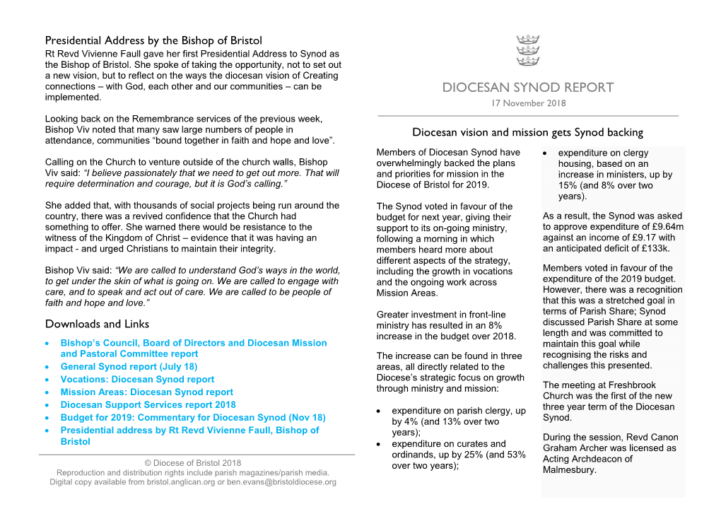 DIOCESAN SYNOD REPORT Implemented