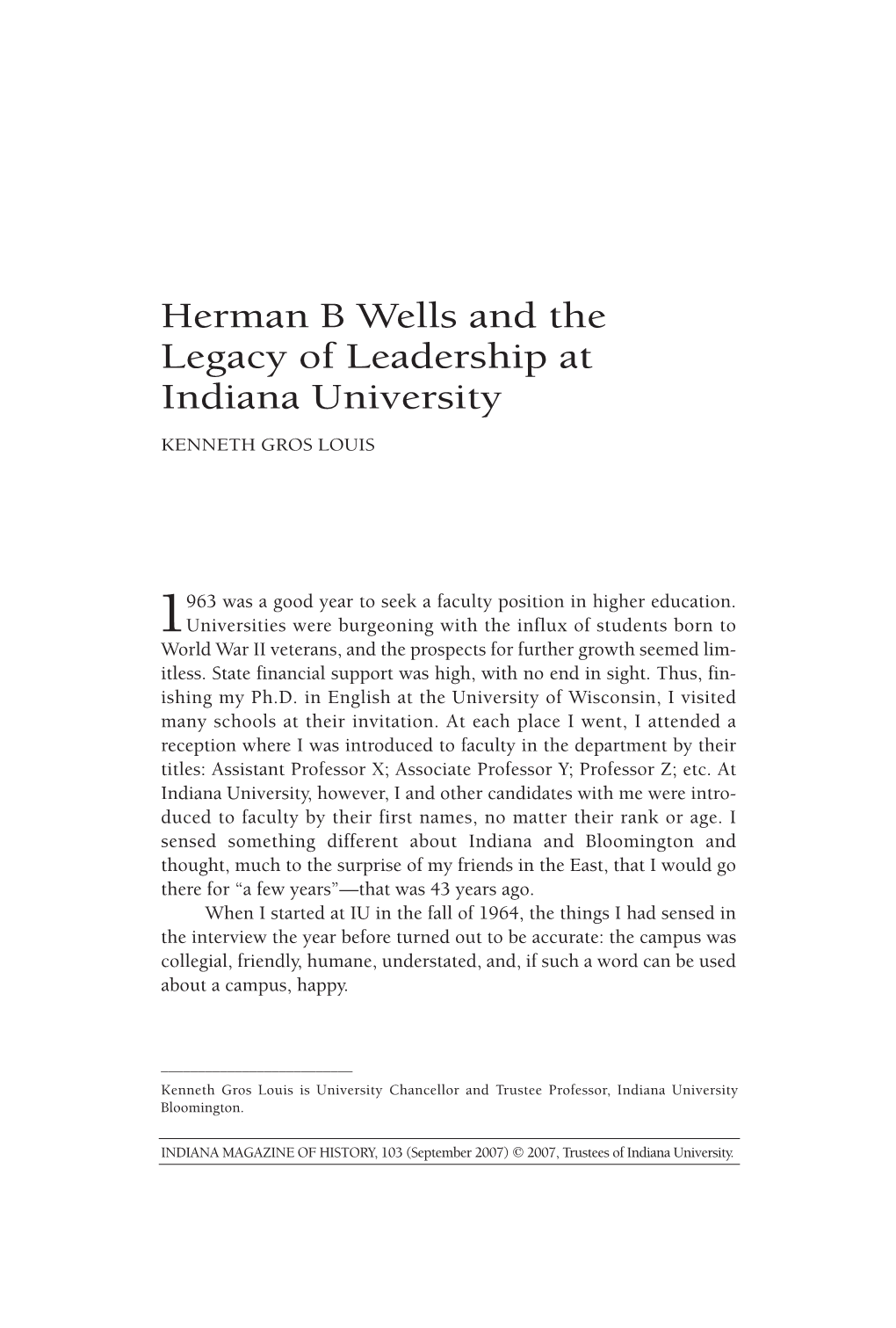 Kenneth Gros Louis's Herman B Wells and the Legacy of Leadership At