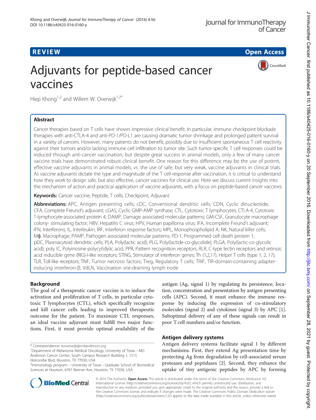Adjuvants for Peptide-Based Cancer Vaccines Hiep Khong1,2 and Willem W