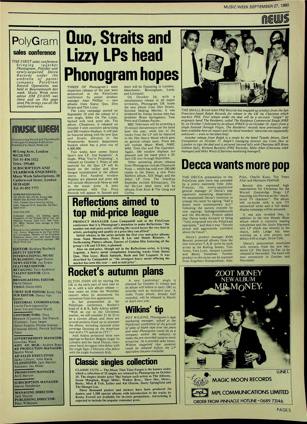 MUSIC WEEK SEPTEMBER 27, 1980 Polygram Sales Conference the FIRST Sales Conference Bringing Together Phonogram, Polydor and Newl