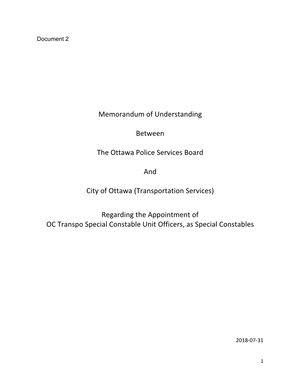 Memorandum of Understanding Between the Ottawa Police