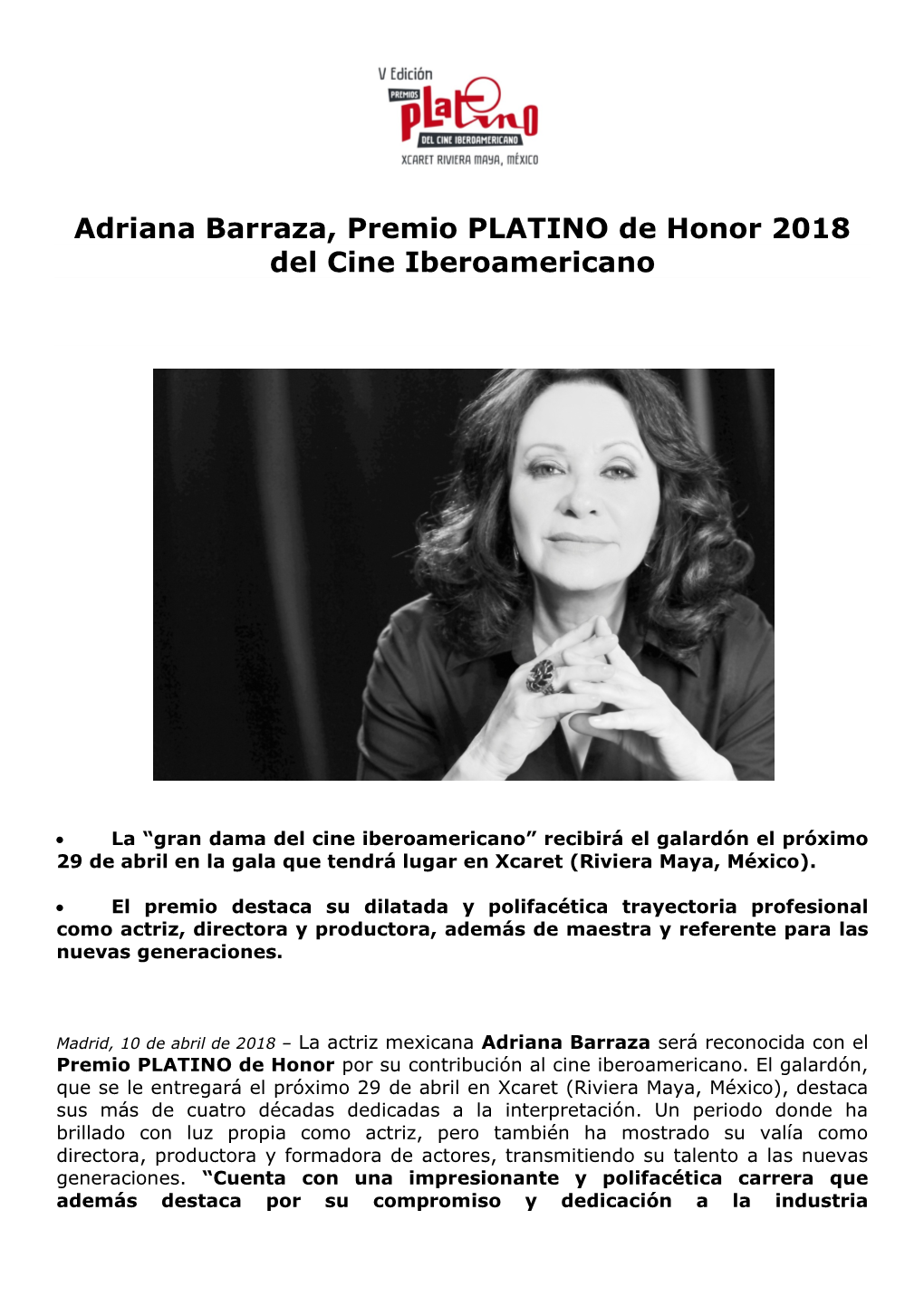 Adriana Barraza, Premio PLATINO De Honor 2018 Del Cine Iberoamericano