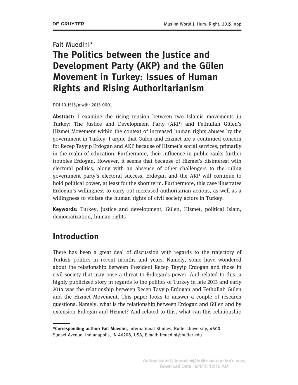 (AKP) and the Gülen Movement in Turkey: Issues of Human Rights and Rising Authoritarianism