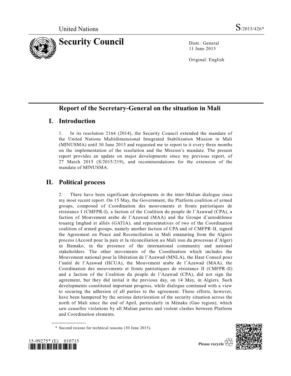 Security Council Distr.: General 11 June 2015