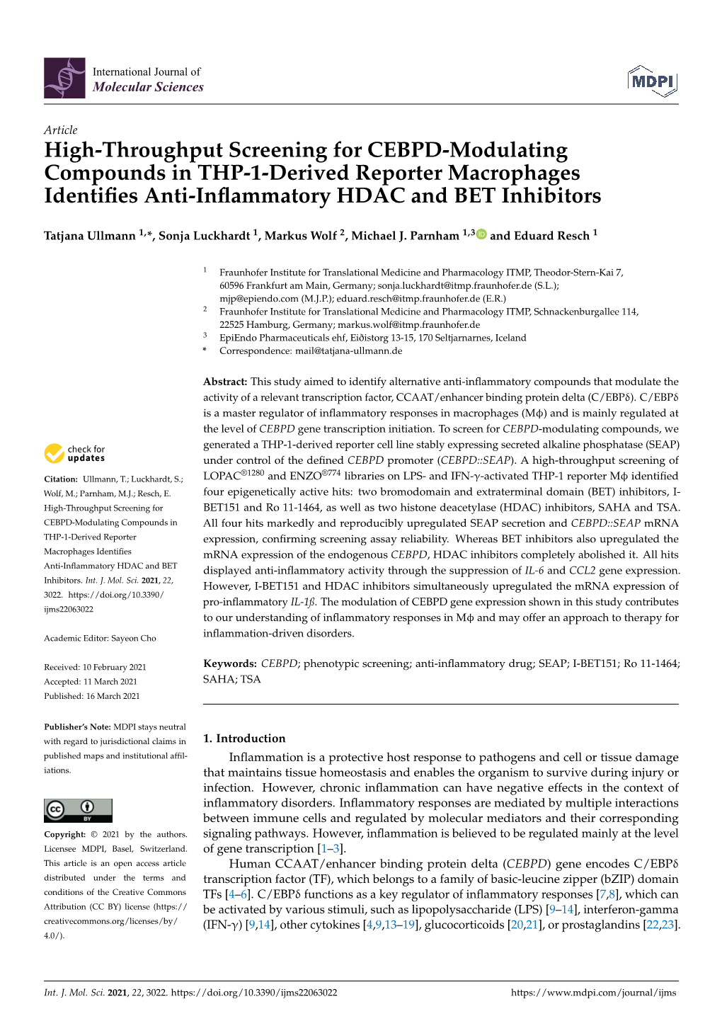 High-Throughput Screening for CEBPD-Modulating Compounds in THP-1-Derived Reporter Macrophages Identiﬁes Anti-Inﬂammatory HDAC and BET Inhibitors