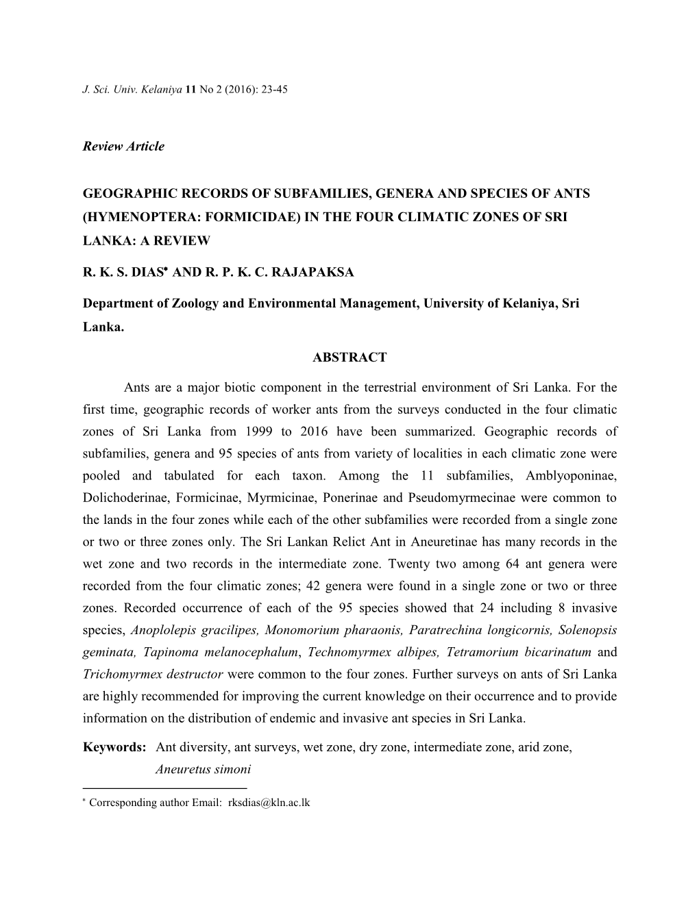 Review Article GEOGRAPHIC RECORDS of SUBFAMILIES