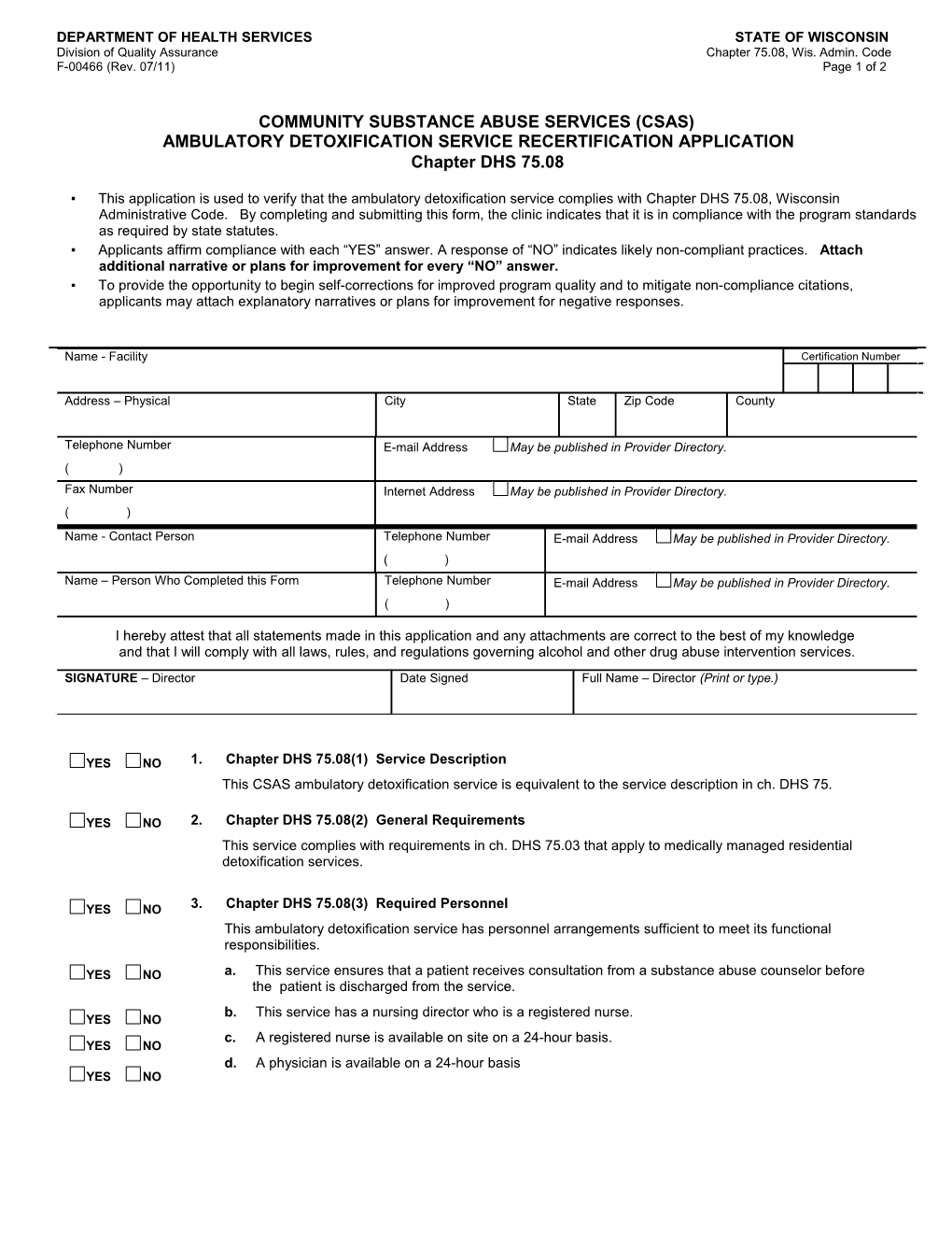 CSAS Ambulatory Detoxification Service Recertification Application - DHS 75.08, F-00466