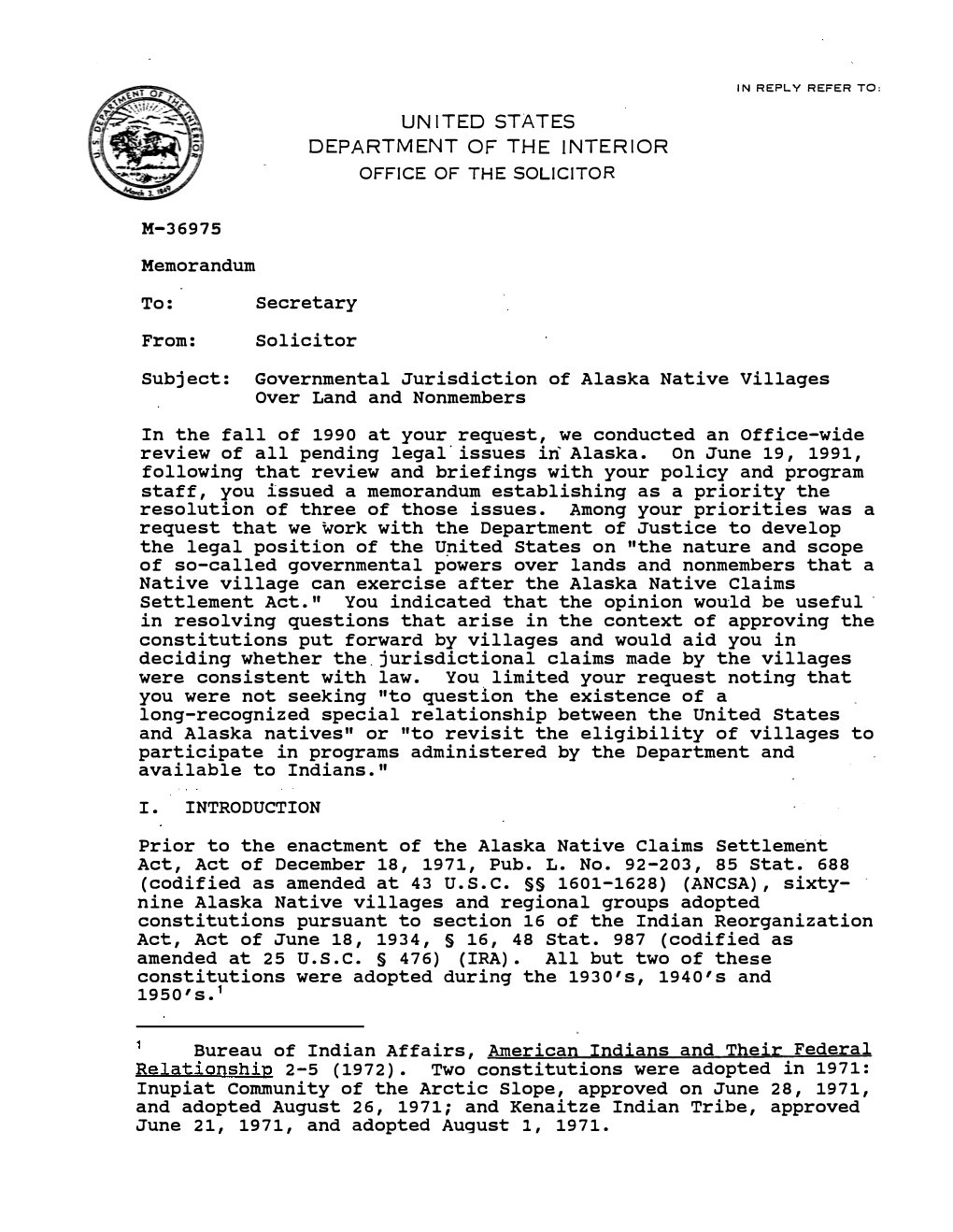 Governmental Jurisdiction of Alaska Native Villages Over Land and Nonmembers