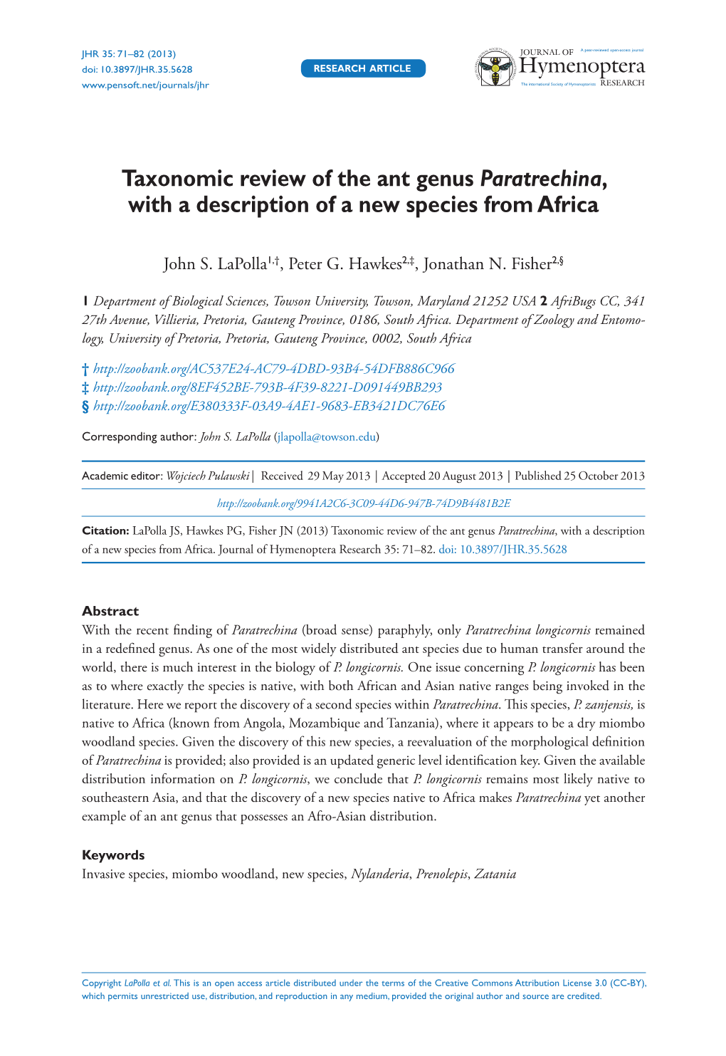 Taxonomic Review of the Ant Genus Paratrechina, with a Description of a New Species from Africa