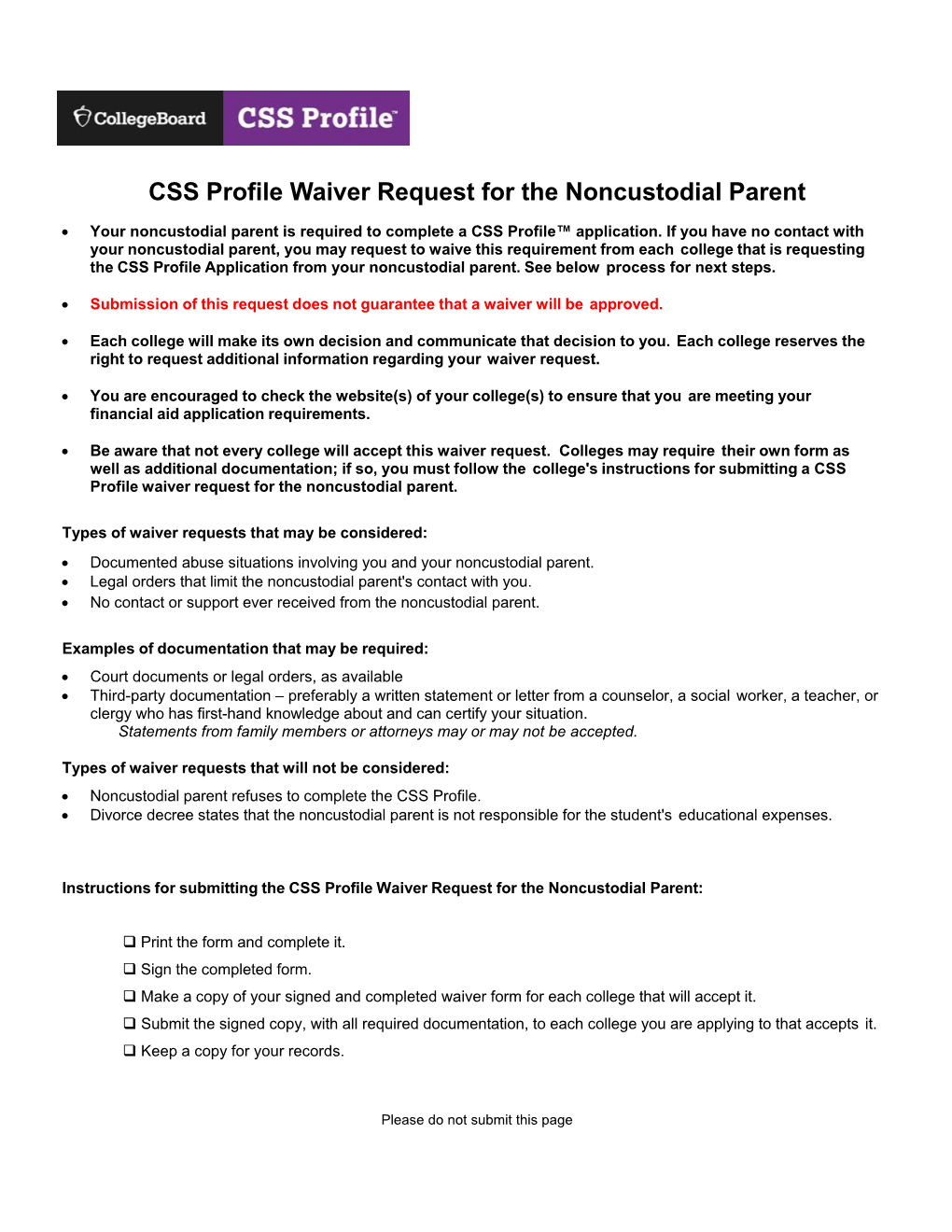 CSS Profile Waiver Request for the Noncustodial Parent