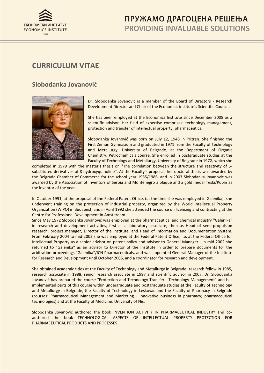 CURRICULUM VITAE Slobodanka Jovanović